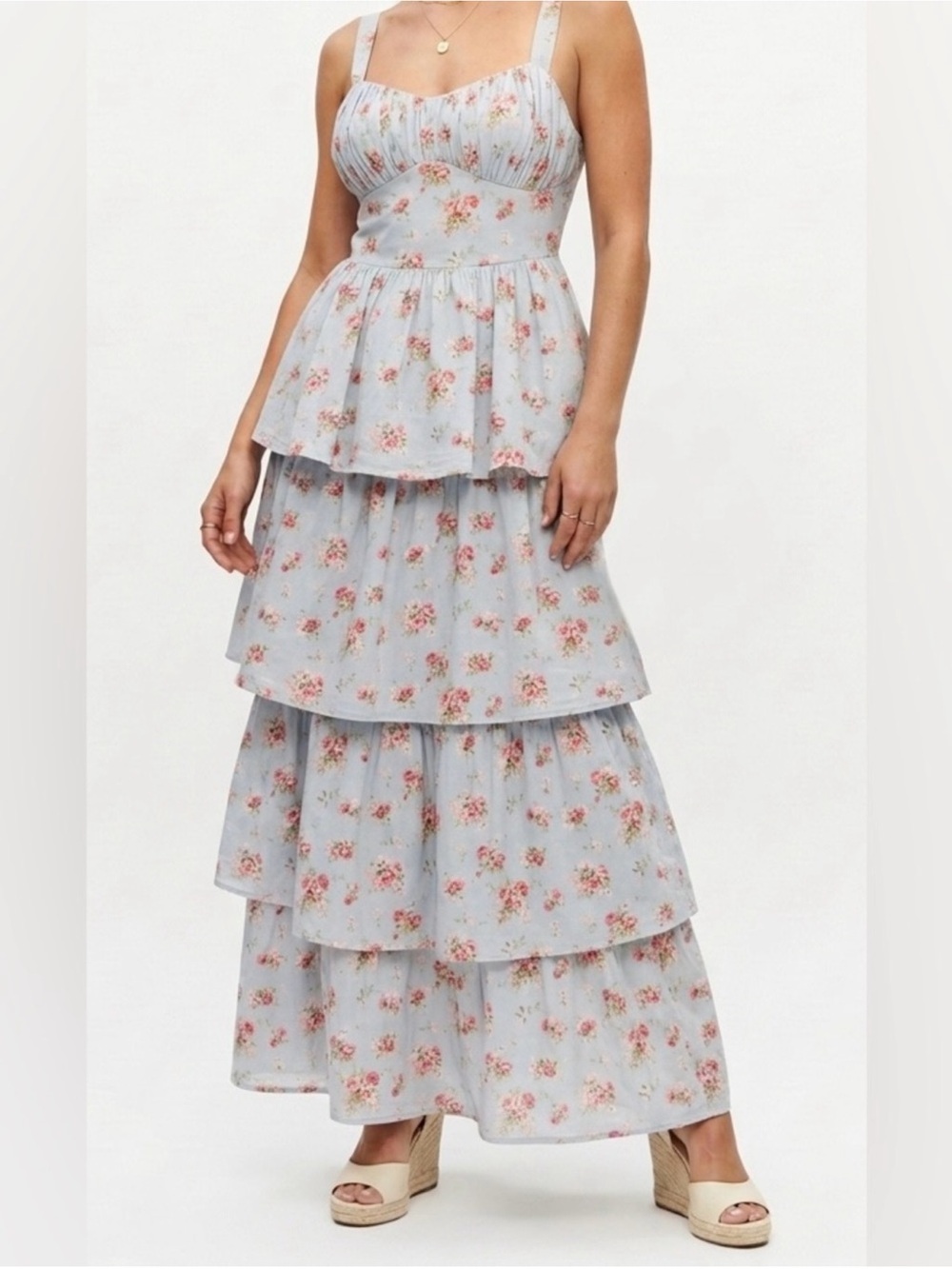 Abercrombie and Fitch Tiered Maxi Dress Lace Up Blue Floral Medium TALL